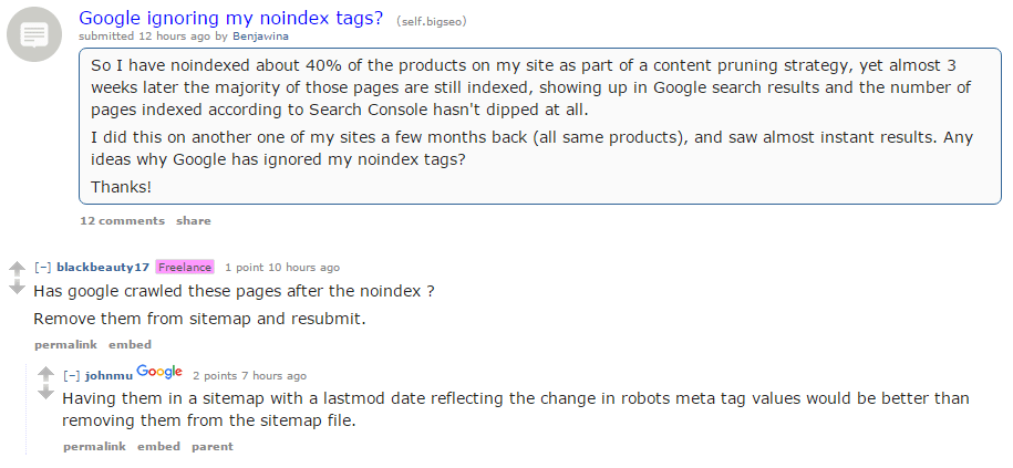 Googles John Mueller weighed in on a Reddit thread on how best to deindex pages.