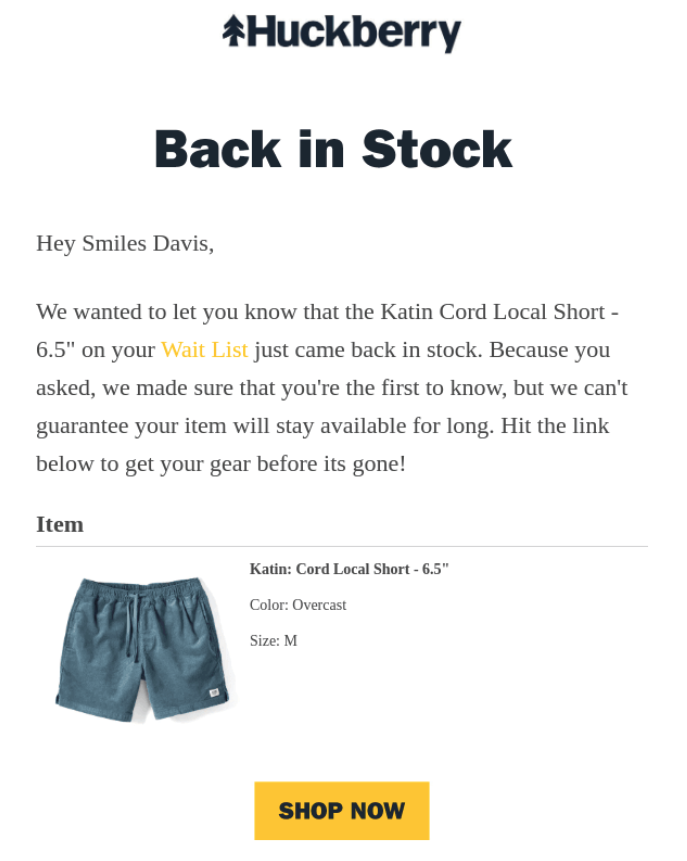huckberry back in stock email with a pair of shorts
