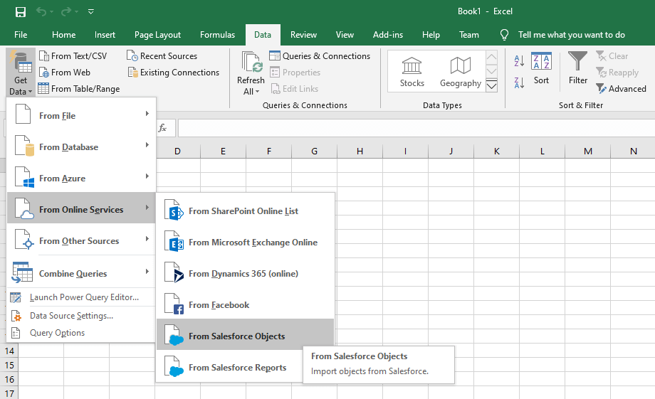 A screenshot of the first step in the salesforce data export to excel process.