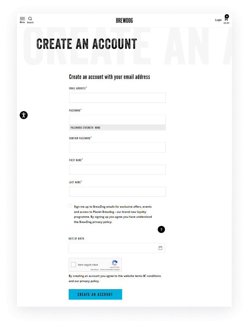 Customers can join BrewDog’s loyalty program by creating an account with their email address.