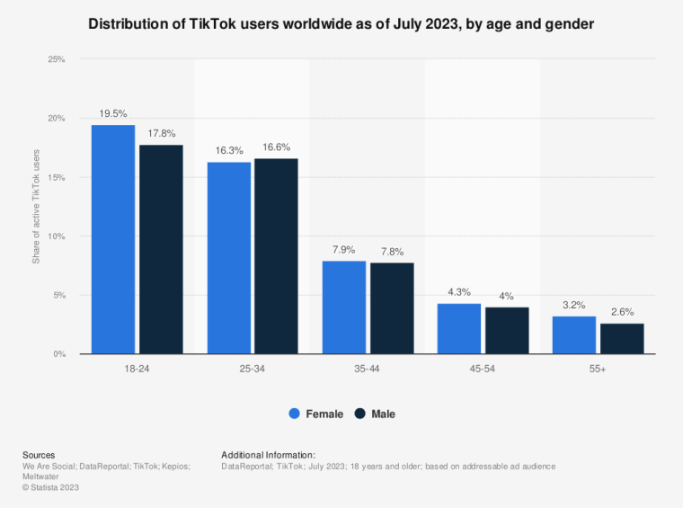 TikTok Creator Marketplace: Distribution of TikTok users worldwide as of July 2023, by age and gender