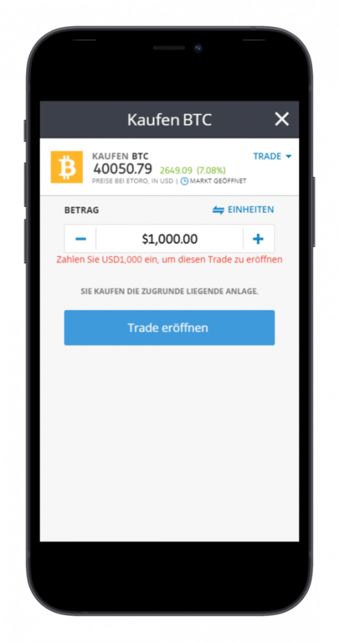 eToro Bitcoins kaufen App Beispiel