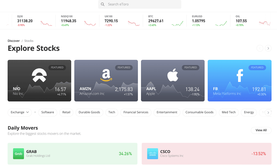 eToro review stocks