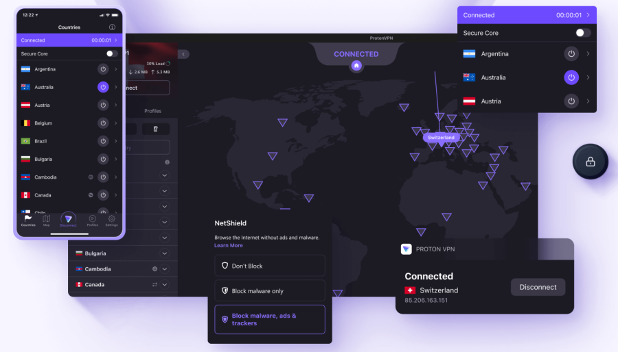 ProtonVPN's interface | Great device compatibility for watching porn anywhere