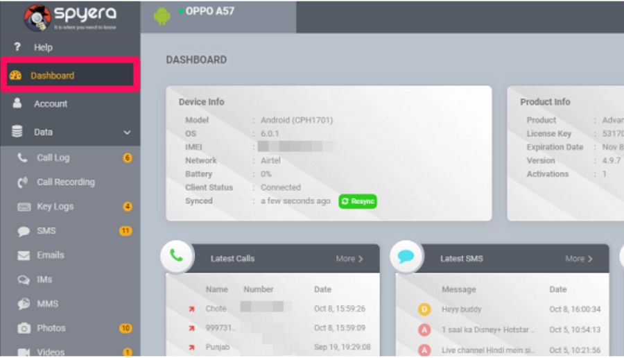 Spyera's dashboard | Popular cell phone spy app for advanced features