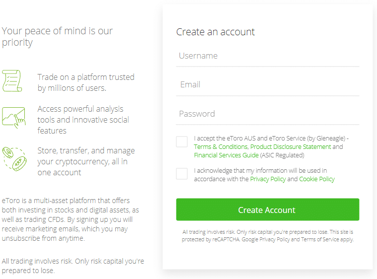 eToro signup form
