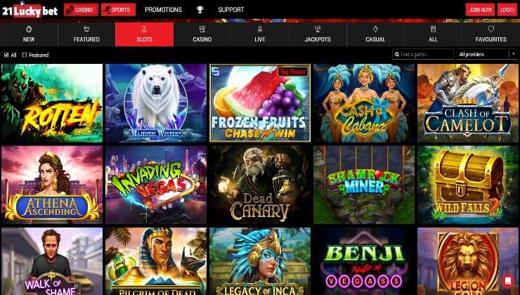 The game lobby of the 21LuckyBet online casino