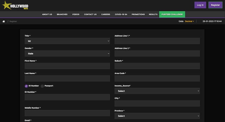 Hollywoodbets Sign Up Page