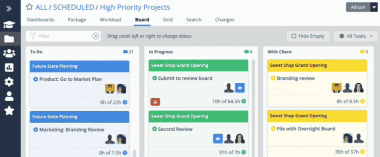 LiquidPlanner's Kanban board view for managing several projects at a glance