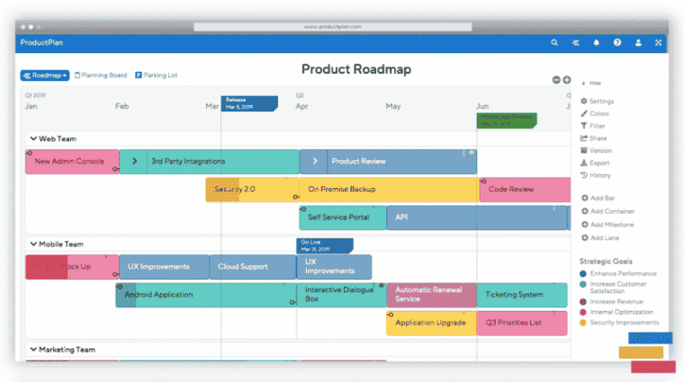 ProductPlan is one of the best product roadmap software solutions for mid-sized businesses