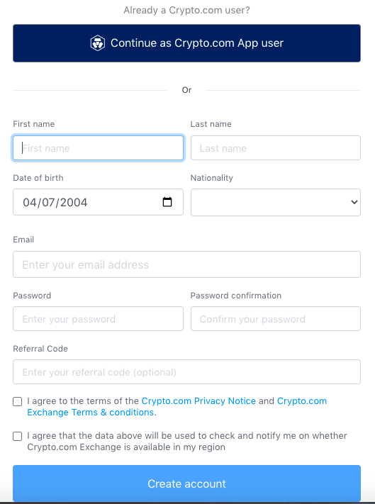 Register with crypto.com