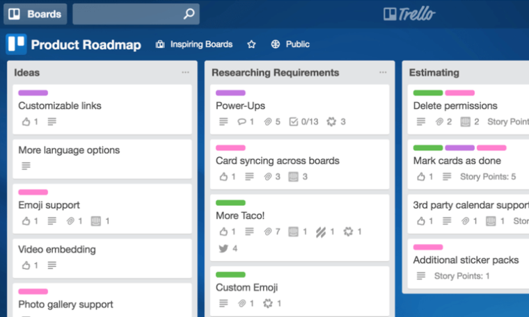 Trello's board management for product roadmap creation and tracking