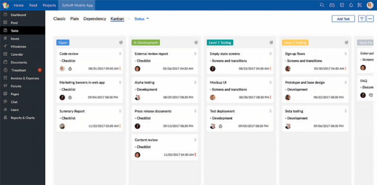 Zoho Projects' Kanban board project workflow view