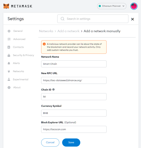 add bsc network to metamask