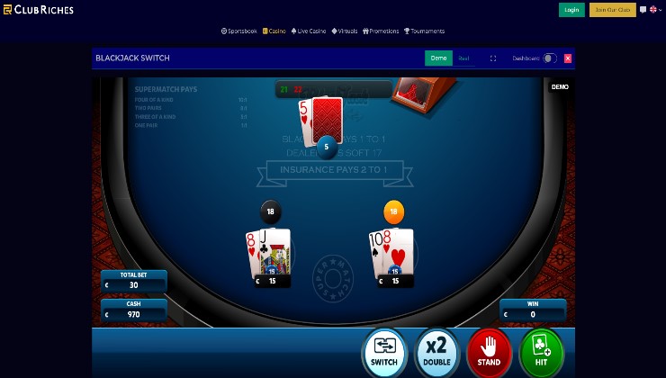 Blackjack Switch in play at Club Riches casino