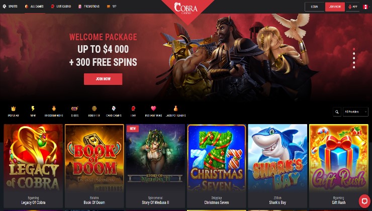 The homepage of the Cobra online casino site