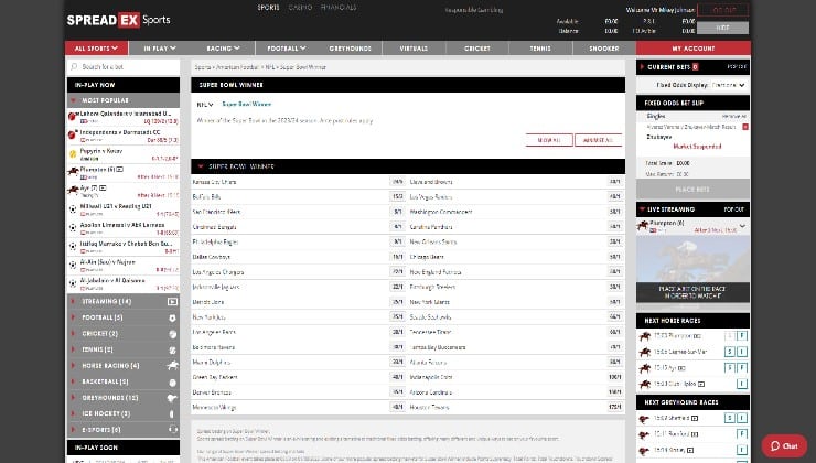 Fractional odds on the winner of the NFL Super Bowl at Spreadex