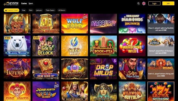 A selection of slot games at the HeySpin site