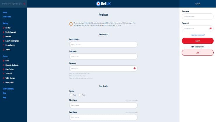 Signing up at the Bet UK platform