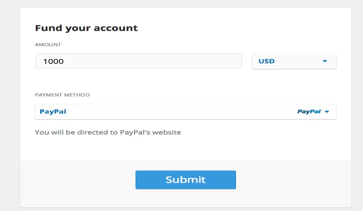 Selecting PayPal to transfer funds to the eToro crypto wallet