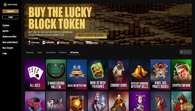 The Lucky Block site and some of its online casino games