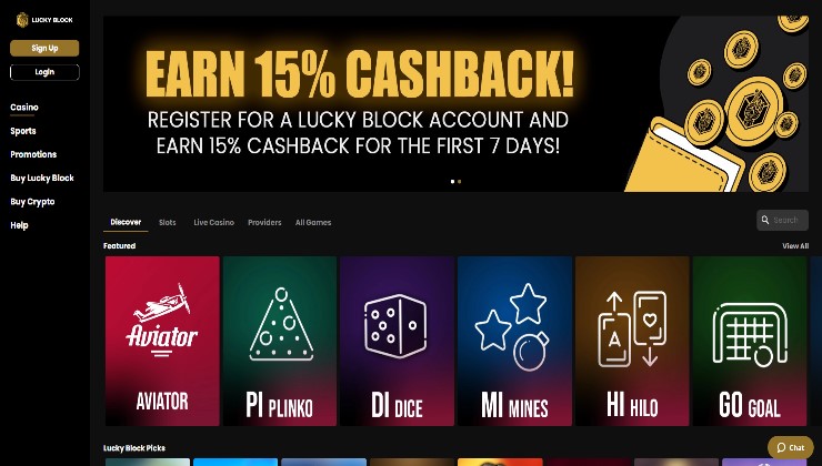 A look at the homepage of the Lucky Block online casino