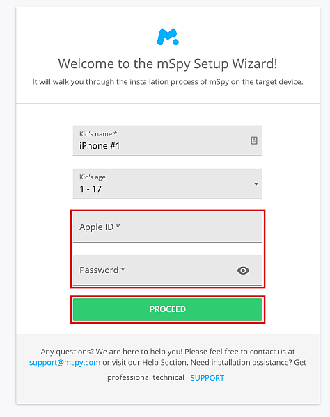 mSpy's iPhone setup process