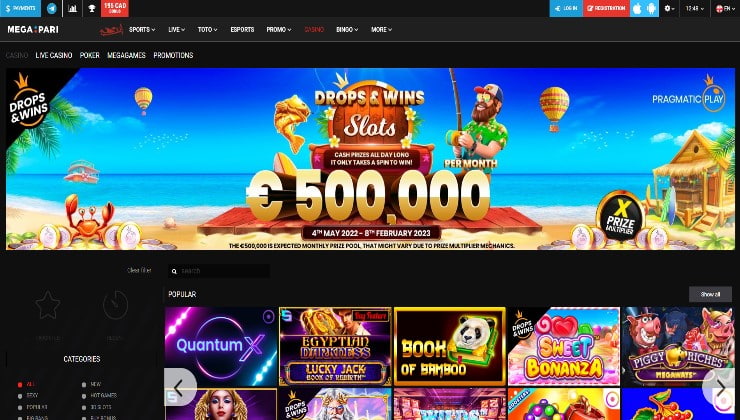 A look at the casino section of the Megapari website