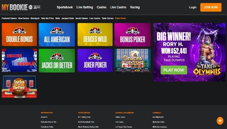 MyBookie and its video poker selection