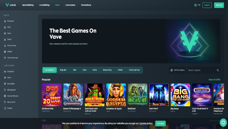 The Vave Casino website