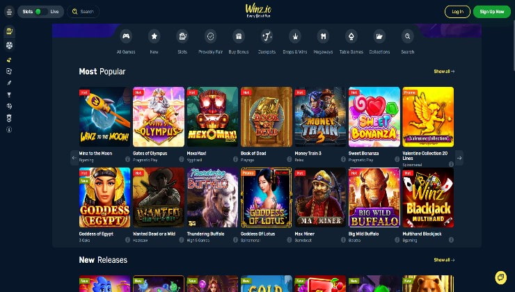 The game lobby at the Winz.io casino