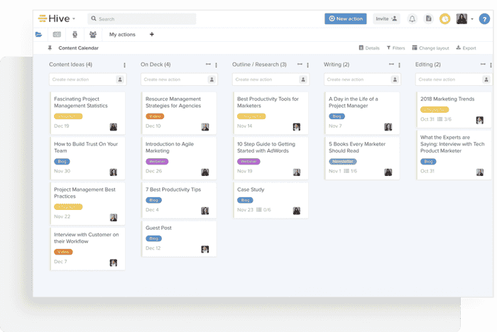 Hive's visual Kanban boards for managing content strategies