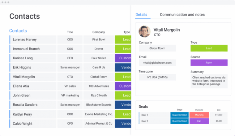 Monday.com Sales CRM's visual contact and deal management
