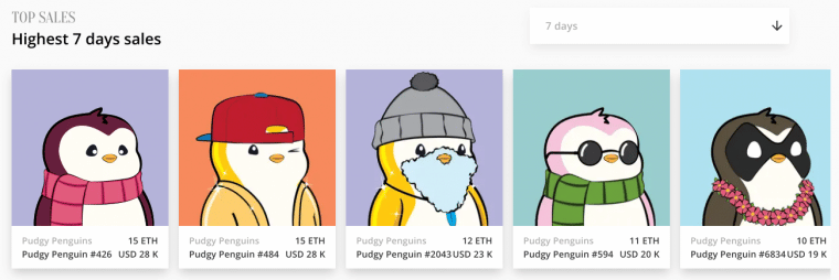 pudgy penguins top sellers 7 days