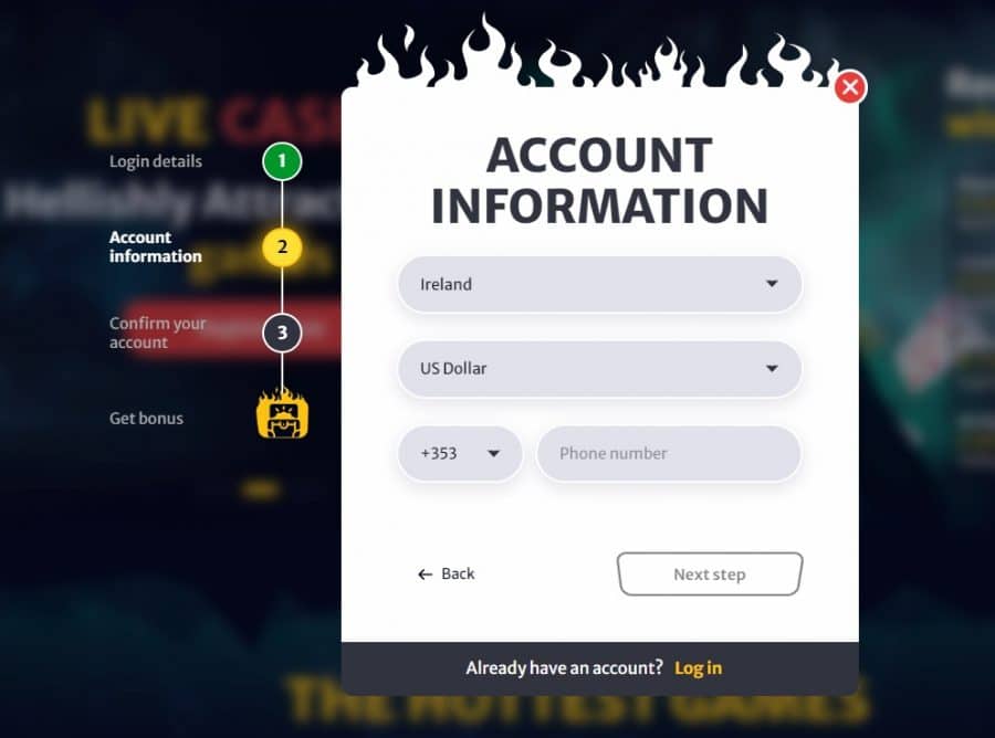 Account Information form at Hell Spin