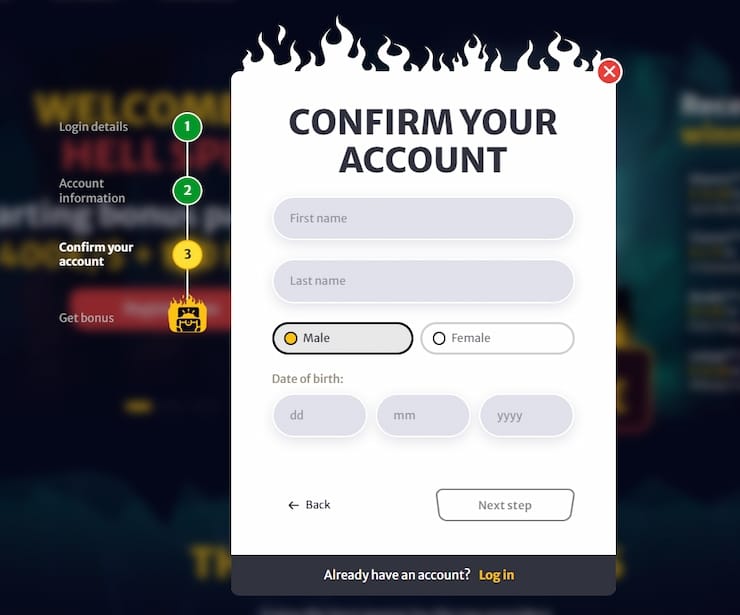 Confirm Your Account form (personal information) at Hell Spin