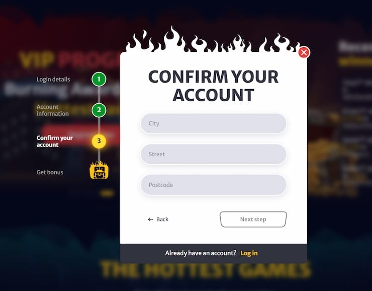 Confirm your account form (address) at Hell Spin