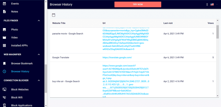 EyeZy's browser history tracker