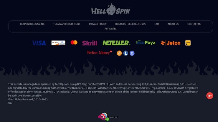 Hell Spin licensing and payment providers' info