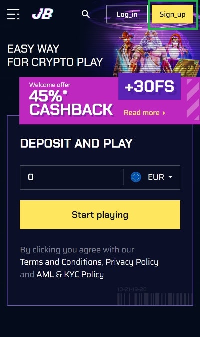 Justbit Casino review - Sign Up