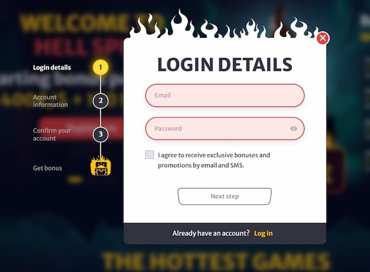 Login Details form at Hell Spin