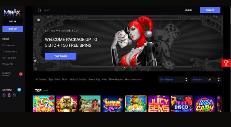 Mirax Casino homepage