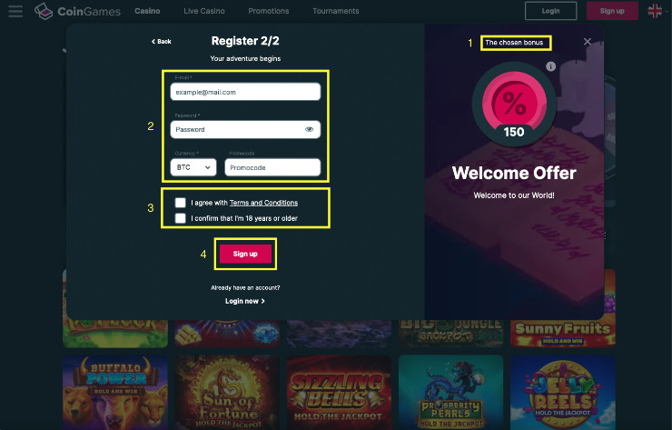 Register at CoinGames Casino Step2