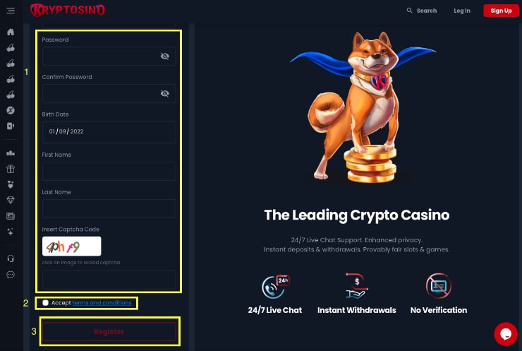 Register at Kryptosino Step 2