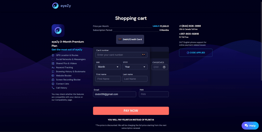 EyeZy payment information