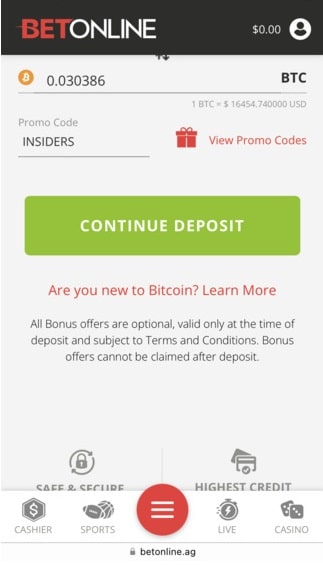 BetOnline bonus code input