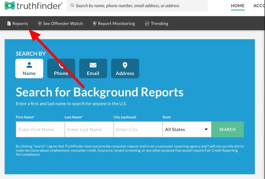 TruthFinder's background check dashboard