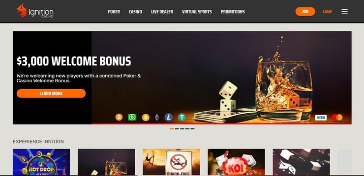 Ignition homepage as one of the best online gambling sites in the US
