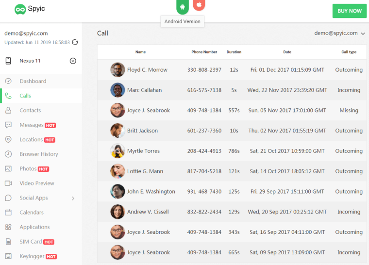 Spyic contacts dashboard