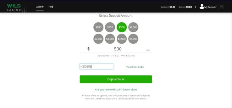 Wild Casino bonus input screen